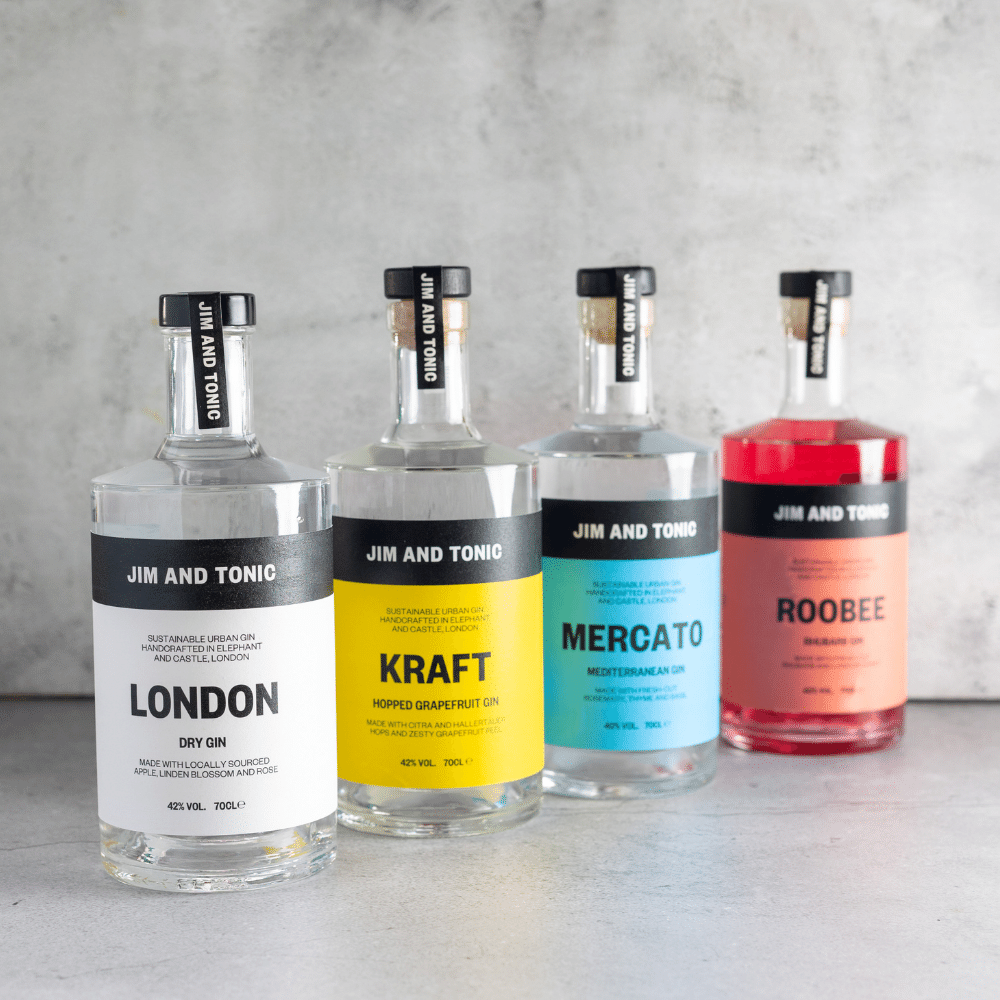 4 bottles of Jim and Tonic gin, their London Dry gin, Kraft Grapefruit gin, Mercator Mediterranean gin and their Roobee Rhubarb gin.