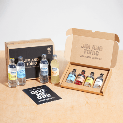 A product photo displaying a selection of Jim and Tonic mini gin bottles and Franklin & Sons mixers, with packaging emphasizing the brand's sustainable urban gin concept.