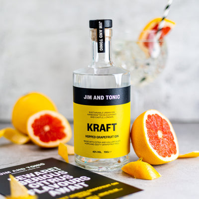 Kraft Hopped Grapefruit gin bottle 70cl by Jim and Tonic made using grapefruit peel and citrusy hops