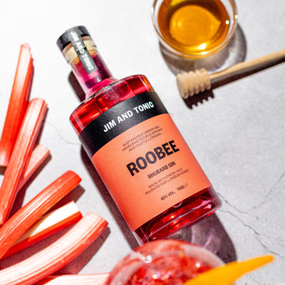 Roobee Rhubarb Gin by Jim and Tonic, made using rhubarb and London honey