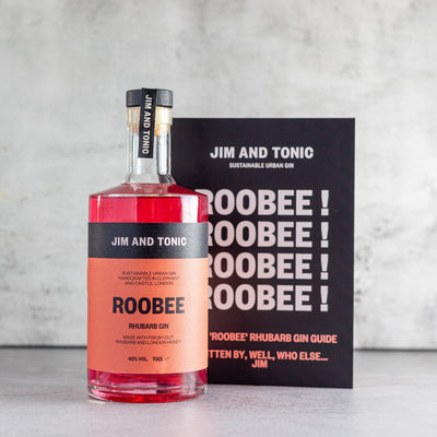 Roobee Rhubarb Gin by Jim and Tonic, made using rhubarb and London honey